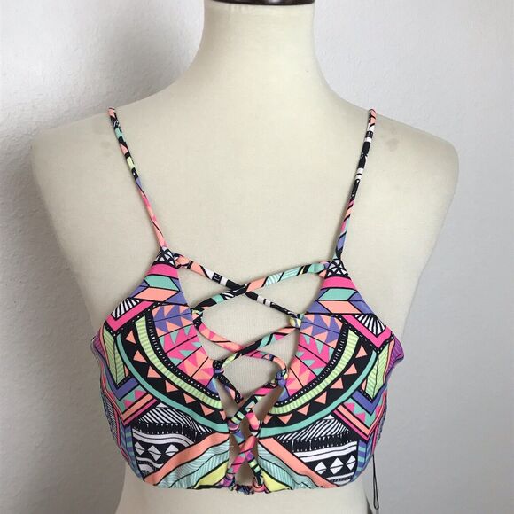 L.A. Hearts Bikini Top Lace Up Tribal Padded Swimwear - Picture 1 of 8